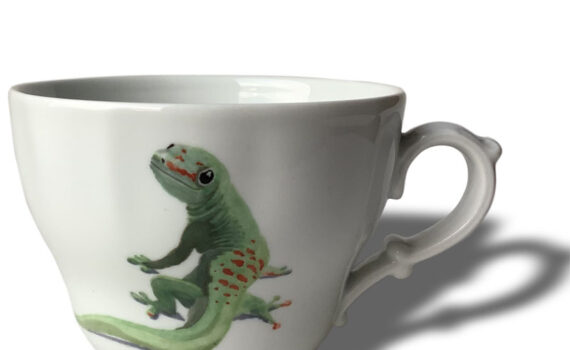 Gecko auf großer Kaffeetasse